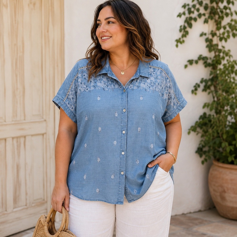 J.Jill Denim Tencel Floral Button Top Chambray Boxy Boho Cottagecore Size 1X